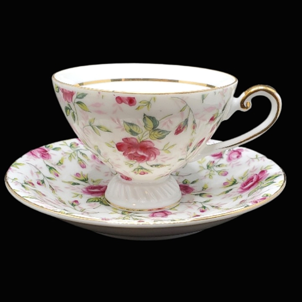Vintage L'Amour Rose Chintz Footed Demitasse and Saucer Set
